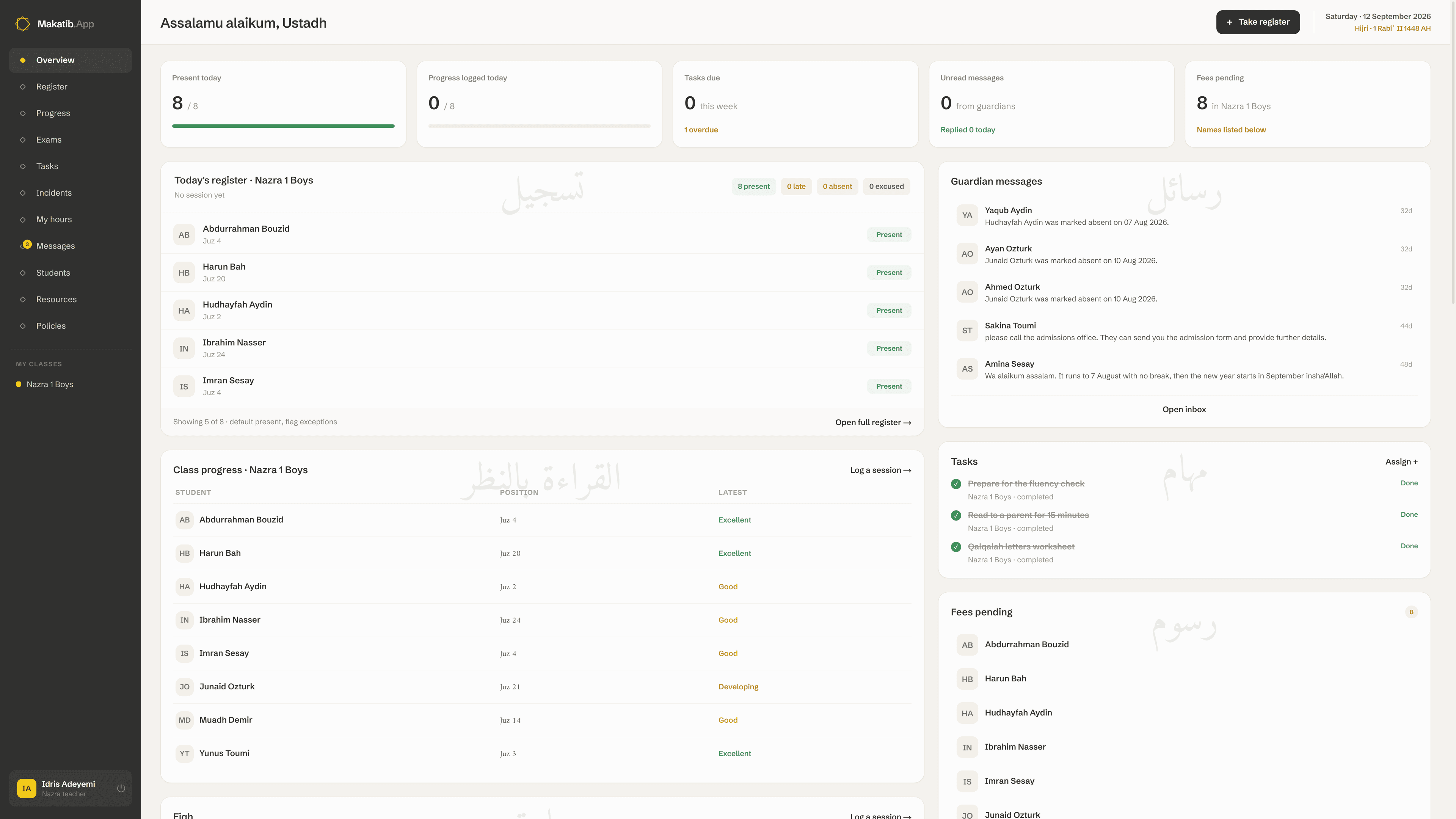Teacher portal showing attendance, Quran learning progress, guardian messages, tasks and fees for Nazra 1 Boys, using fictional student details.